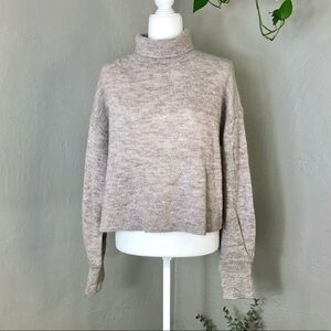 Lumiere Beige Cropped Turtleneck Balloon Sleeve Pullover Sweater Wool Blend